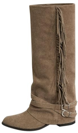 Stivali Invernali Da Donna Slip-On Larghi Invernali In Pelle Stivale Punta Tacco Basso Stivale Alti Al Ginocchio Boots Con Ghetta Risvolto Scarpe Frange Comodi Per Attività All'Aperto Lunghi Outdoor