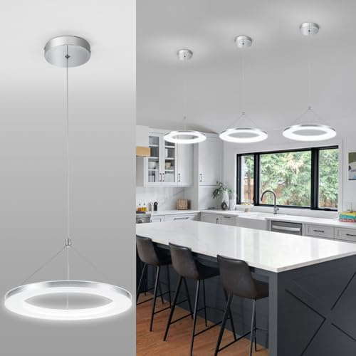 CHYING LED Pendant Lights Kitchen Island, 11.8 15W Cool White Modern Ring Chandelier, Adjustable Height Silver Hanging Pendant Ceiling Light for Dining Room Bedroom Hallway Entryway, 6500K