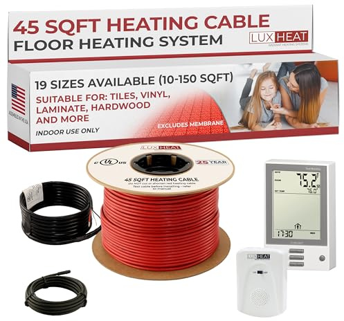 LuxHeat 45sqft Floor Heating Cable Kit - 120v Underfloor Heating System - Heated Flooring System Includes UDG Programmable Thermostat w/GFCI, Floor Heat Cable, Alarm & Flooring Sensor
