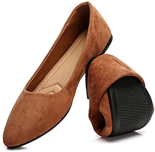 HEAWISH Women’s Black Flats Shoes Comfortable Suede Pointed Toe Slip On Casual Ballet Flats Dress Shoes Nude Flats, Tan, 4 UK