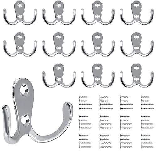 Bolatus 12 ganchos para ropa, percheros dobles, ganchos de pared, retro, de metal plateado, estilo vintage, con 48 tornillos, para perchero, baño, cocina (plateado)