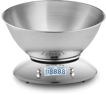 Nicoone Digitale Küchenwaage,Edelstahl-Kochwaage mit Schüssel,5kg Digitale Elektronische Waage,LCD-Display,Tara-Funktion