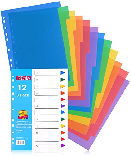 File Dividers A4, 12 Part Folder Dividers, 3 Pack Pre-Punched Leverl Arch Folder in Assorted Colours, Plastic Binder Dividers (Color tabs)