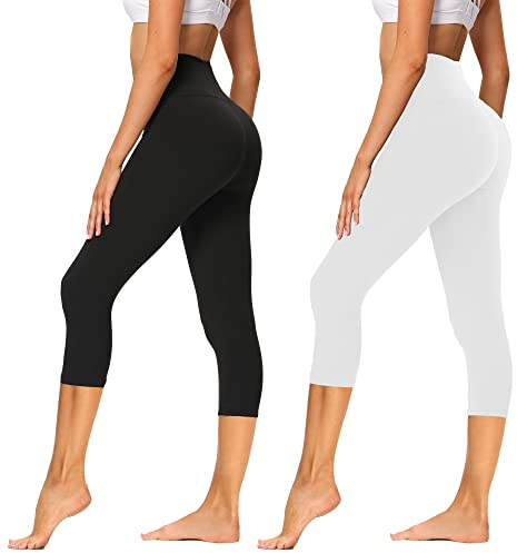 AMIYOYO Pack de 2 leggings para mujer 3/4 de cintura alta, opacos, cortos, elásticos, para yoga, fitness, actividades al aire libre y ocio, Capri Leggings-negro+blanco, 36 ES/42 ES