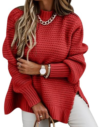 Jersey Punto Mujer Corto Jerséis Mujer Pullover Señora Sueter Mujer Manga Larga Invierno Sweater Women Jersey Oversize Ancho Basico para Mujer Tallas Grandes Sueters Suéter Suéteres de Mujer Rojo XL