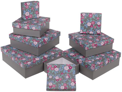 Lot de 8 boîtes cadeau grises, fleurs printanières, env. 22,5 x 22,5 x 8 cm, prix EAN individuel