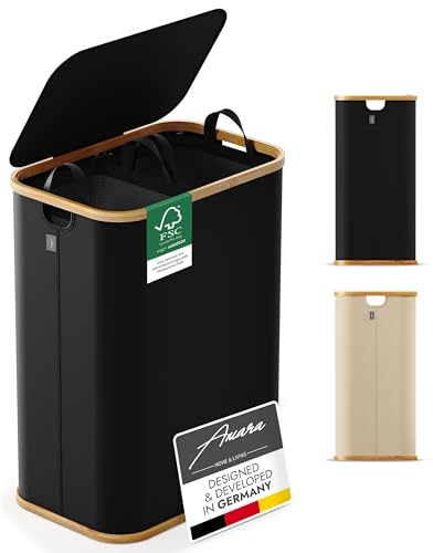 Amara Home & Living - 155 L Wäschekorb Mit Deckel - Extra Stabiler Wäschesammler-Aufbewahrungskorb Mit 2 Fächern - Faltbar (Schwarz)
