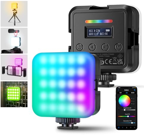 NEEWER RGB62 - Lámpara de vídeo RGB magnética con Control de aplicación, Paquete de 2 Luces LED Color 360 ° con 3 Zuecos fríos CRI97 + 2500 K-8500 K 17 escenas 2000 mAh Recargable portátil Selfie