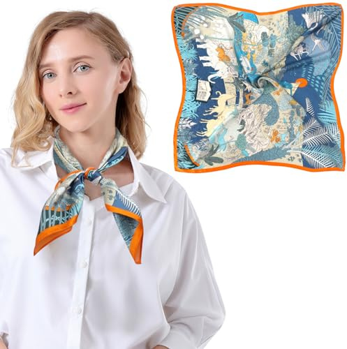 Bezioner Foulard Donna Seta 100% Seta di Gelso Sciarpa Quadrata Bandana Fazzoletti da Testa Collo 68x68 cm Blu/Arancione