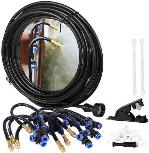 Sistema de riego de 10 m de pulverización, sistema de refrigeración por niebla + 10 boquillas de latón ajustables a 360 °+adaptador de latón (1,9 cm) para exteriores, para exteriores, terraza, jardín