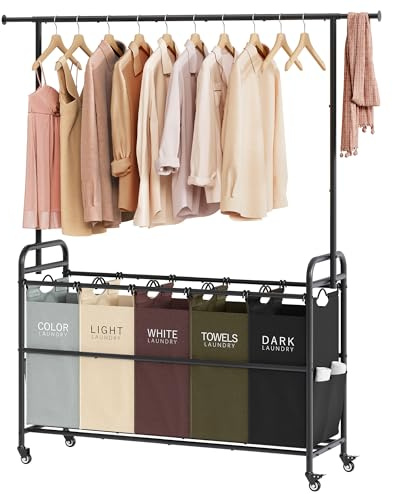 Tajsoon Laundry Sorter Cart with Hanging Rack, 5 Section Laundry Hamper, 246L (65 Gal.) Laundry Basket with Wheels, Removable Hamper Organizer for Dirty Clothes Bathroom Cloakroom, 5 Colors