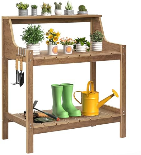 ONBRILL Potting Bench Table, HDPS Potting Bench with 4 Side Hooks, All-Weather Garden Table Work Station, Outdoor Potting Table for Porch, No Rust, No Fade, No Break, 360lbs Capacity (Teak, Large)