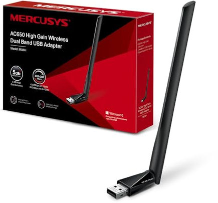 TP-Link MERCUSYS MU6H Adaptador AC650 WiFi USB de Alta Ganancia, Memoria WiFi, Dual-Band, 200 Mbps a 2,4 GHz con tecnología 256-QAM, 433 Mbps a 5 GHz, Compatible con Windows 11/10/8.1/8/7/XP