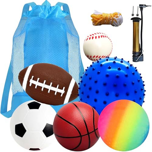 Vndnsy 6 Stück Sport Bälle für Kleinkinder, Fußball Rugby-Ball Basketball Volleyball Baseball Sensory Ball, mit Pumpe, Kleinkind Sport Spielzeug, für Jungen Mädchen, Kinderball Drinnen und Draußen