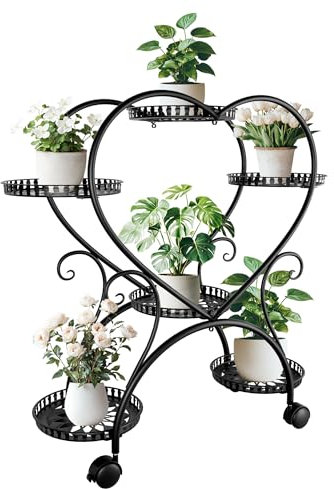 unho Étagère Plantes Intérieur en Fer Forgé: Support pour Pots de Fleurs Extérieur, Porte Plante Forme Coeur à Roulettes à 4 Niveaux, Meuble pour Fleurs pour Balcon, Salon, Jardin