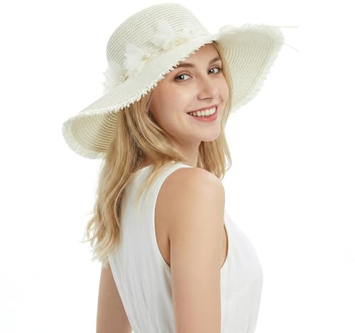 LY4U Dam slapp solhatt med brett brätte UPF 50+ med spetsblomma, vikbar UV-skydd strandhatt för resor, sommar utomhus, Vit, one size