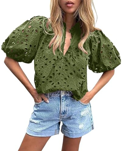 Cocila Femme DéContracté Manches Col en V Bouton DéCoupe Dentelle T Haut Liquidation De Tuniques pour Femmes Chemisier Manche 3/4 Haut Femme Chic Et Elegant Soiree Veste Legere Ete Tee Shirt