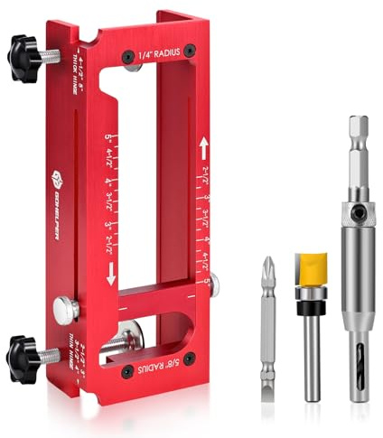 Door Hinge Jig, Aluminum Alloy Door Hinge Template Kit for Router, Adjustable Mortise Jig Fits Door Hinges from 2.5 to 5 Length, 1/4 R, 5/8 R, Square Corner (Red One)