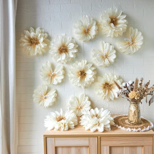 Easy Joy 12Pcs White Butterfly Daisy Paper Flower Pom Poms 12'' Large Paper Flower Decorations White Hanging 3D Butterfly Wedding Birthday Decorations for Wall Baby Shower Garden Party Decor