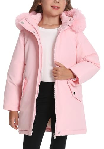 FEOYA Pink Childs Coat Girls Thermal Jacket Kids Fleece Lined Parka Down Outwear Thick Cotton Padding Jacket 7-8 Years