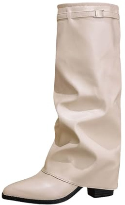 Bottes mi-mollets pour femme - Bottes pointues tendance avec sangle à boucle - Bottines confortables en cuir pour une tenue décontractée et d'hiver, Blanc., 40 EU