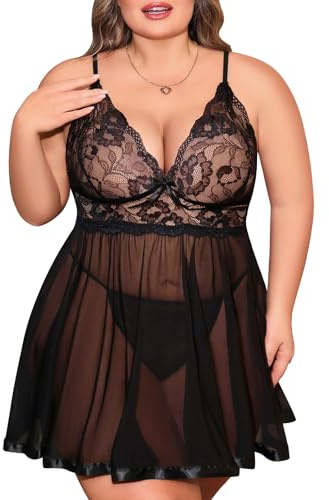 Niwicee Lencería Sexy Mujer Babydoll Transparente Mini Vestido de Encaje de Malla Camisón Pijama Sexy Cuello en V Negligees Talla Grande Mini Vestido con Tanga XL-4XL