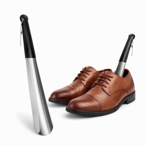 Steel Shoe Horns Metal Shoehorn Long Handle Stainless Steel Heavy Duty Shoehorns With Non Slip Grip & Hanging Chain Easy Slip On Durable Shoe Helper For Men Women Seniors Back Pain Relief 30cm(1PC)