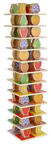 Rosvola Jeu de Tour à Empiler des Blocs en Bois avec Un Motif de Fruits Colorés pour Les Enfants et Les Tout-Petits, Amusant éducatif pour Les 3 Ans et Plus - 12 Chips de Fruits
