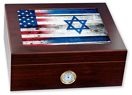 ExpressItBest Premium Desktop Humidor - Glass Top - Flag of Israel (Israeli) - Wood with USA Flag - Cedar lined with humidifier & front mounted hygrometer.
