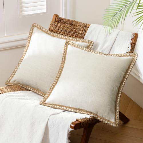 Phantoscope Pack of 2 Farmhouse Modern Spring Decorative Throw Pillow Covers Burlap Linen Trimmed Outdoor Pillows Tailored Edges Off White 18 x 18 inches, 45 x 45 cm