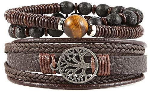 HZMAN Genuine Leather Tree of life Bracelets Men Women, Tiger Eye Natural Stone Lava Rock Beads Ethnic Tribal Elastic Bracelets Wristbands (Brown)
