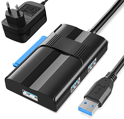 Adattatore USB 3.0 a SATA + 3*USB 3.0, Meofia Cavo SATA III II Convertitore per Hard Drive 2,5 e 3,5 Disco Rigido HDD SSD Converter con Alimentatore 12V 2A
