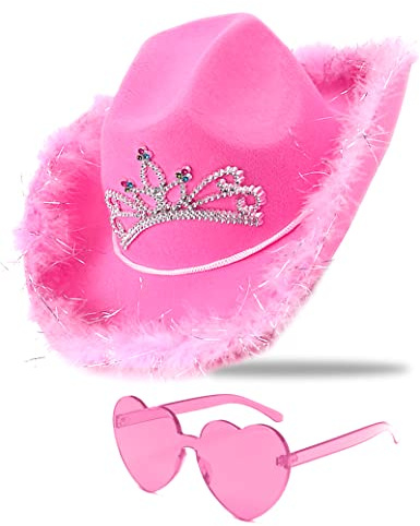 JICASTO Cowboy Hat Pink Cowgirl Hat with Sequins & Tiara Crown for Women Rodeo Party Hats with Heart Glasses