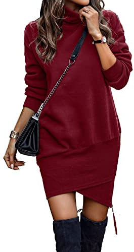 ABYOVRT Femme Sweat Robe Chaud Laine Col Roulé Manches Longues Épaisseur Épais Robes Pulls Grande Taille Hiver Pullover,Rouge,L