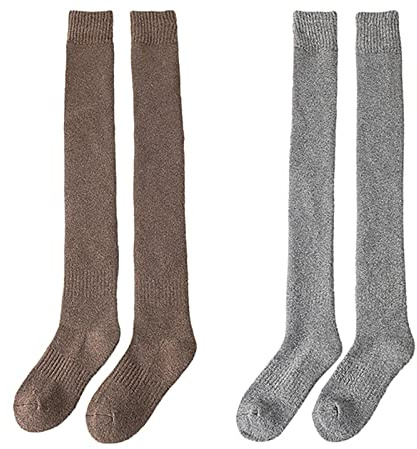 IQYU Lot de 2 paires de bas en laine épaissie au-dessus du genou pour femme - Pour l'hiver - Pour l'automne et l'hiver