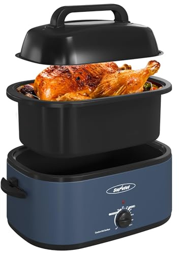 Sunvivi 22 Quart Electric Roaster Oven Turkey Roaster with Lid Electric Roasters with Removable Pan Large Roaster,Visible & Self-basting Lid, Fast Heating & Thaw/warming Setting,Dark Blue