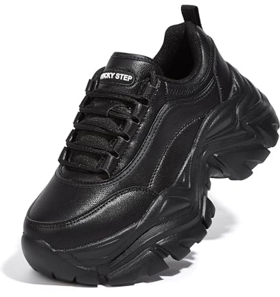 LUCKY STEP Dam Mode Tjocka Sneakers, Läder Pappaskor med Vinkelsula för Daglig Användning (Svart, 8US-38EU-5UK)