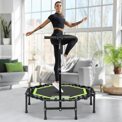 ONETWOFIT Trampoline Pliable pour Adulte, 101/107/114 cm Mini Trampoline de Fitness avec poignée en Mousse réglable, Bungees, Exercice Silencieux pour l'intérieur Personnel (vert-107cm)