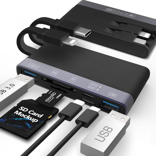 SD-kortläsare för i-Phone i-Pad, 6-i-1 multiport minneskortläsare i aluminium med SD/TF-kortadapter, vikbar datakabel stöder SD/Micro SD/SDHC/SDXC/MMC