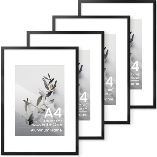 A4 Picture Frame, Black Metal A4 (21x 29.7 cm) Photo Frame with Mount for A5 Prints, Aluminium A4 Certificates Poster Frames with Tempered Glass for Vertical & Horizontal Wall Hanging, 4 Pack