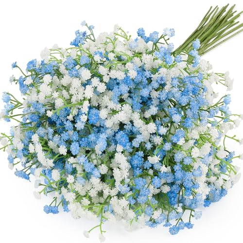 N&T NIETING Gypsophila - 15 flores artificiales Gypsophila Gypsophila, ramo de flores falsas para boda, novia, fiesta, decoración del hogar (azul y blanco)