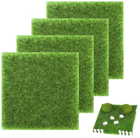 15 x 15cm Life-Like Fairy Artificial Grass, 4 Pcs Imitation Mat Squares for Modelling, Pretend Craft, Miniature Dollhouse Decoration