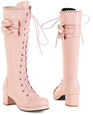 Bottes Hautes Bottes Lolita À Tige Longue for Femmes Bottines À Lacets En Cuir PU Boots Chaudes À Talons Blocs Et Plateforme Jolies Bottes De Neige À Nœud Chaussures D'hiver for Cosplay(Pink,39 EU)