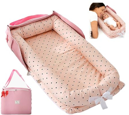 Loevin Baby Lounger for Newborn Portable Bag,Baby Nest Play Gym mat with Strap,Newborn Lounger Adjustable Size & Inner Zipper Lengthen Space to 24 Months(Pink Polka Dots)