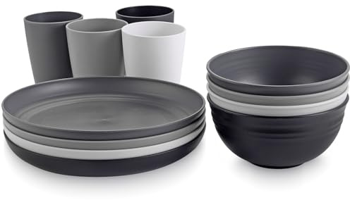 Anbte 12 Teiliges Geschirrsets Unzerbrechlich aus Kunststoff für 4 Personen Camping Geschirr Set 4-Farben Leichtes Küchengeschirr Set mit Tragtasche ideal für Picknick Camping Garten Wiederverwendbar
