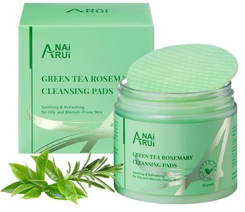 ANAiRUi Green Tea Rosemary Cleansing Pads, Centella Exfoliating Face Pads for Exfoliates, Refreshes, Controls Oil, Refines Pores, Dead Skin, Make-up Remover, Ideal for All Skin Types, 50pcs