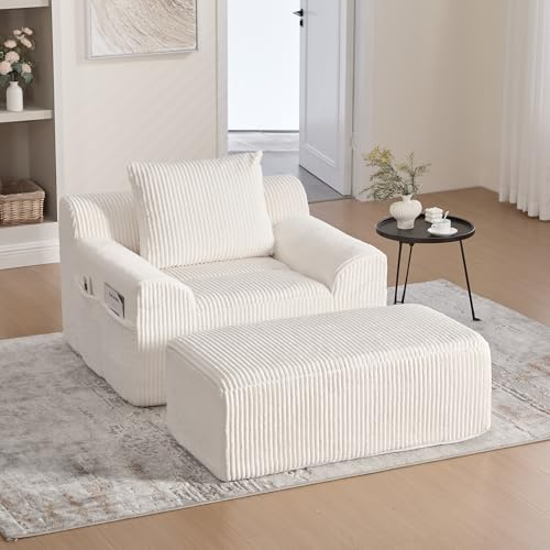 Chaise Longue d'Intérieur, Velours côtelé, Fauteuil Lounge rembourré avec Repose-Pieds, Canapé 1 Place avec Coussin et Poches latérales, sans Assemblage nécessaire, Adapté pour Salon, Chambre (Beige)