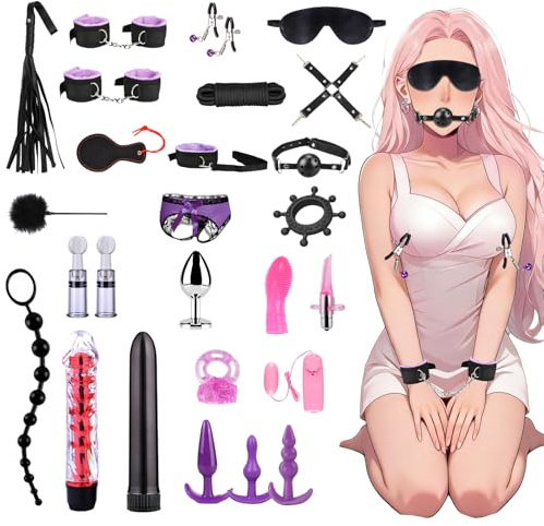 SM Bondage Kit Juguetes Sexuales 26Piezas Juguetes Sexuales con Esposas Ajustables,Grilletes para Pies,Látigo,Máscara para los Ojos,Varita de Plumas,Vibrador para Parejas Hombres Mujeres púrpura