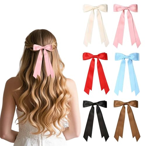 6 PCS Hair Bows Clips for Girls & Women, Large Solid Color French Barrette Hair Fastener Accessories for Thick or Thin Hair (Black, Beige, Blue, Red, Brown, Pink)