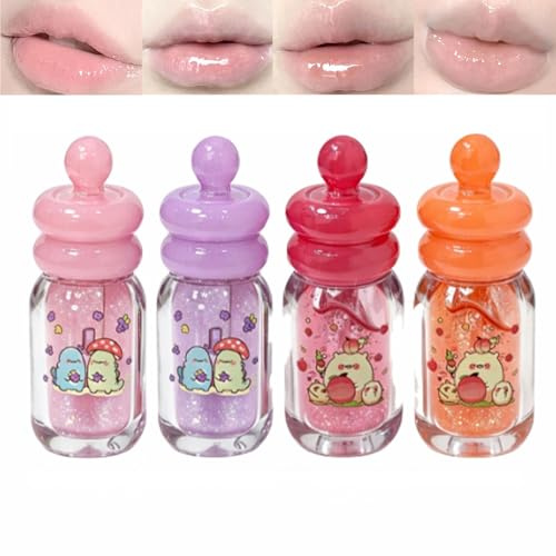 Set De 4 Pièces D’Huiles À Lèvres Hydratantes Transparentes Gireatick, Design Mignon En Pot De Miel, Gloss Non Collant À Haute Brillance Et Saveur De Fruits Pour Soin Quotidien